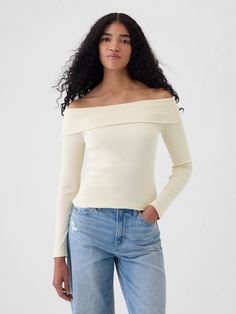 Soft, stretch cotton-modal blend, ribbed knit cropped top.  Off-the-shoulder neckline.  Long sleeves.  Fit: Stretch-to-Fit.  Slim & stretchy that forms to your shape.  Cropped, hits at the waist.  Models wearing Gap 2024 Style, Fall 24, Off Shoulder Crop Top, Fall Winter Wardrobe, Window Shopping, Shoulder Crop Top, Knit Crop Top, Knit Crop, Off Shoulder Tops