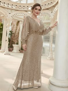 Champagne Party Collar Long Sleeve Fabric Plain Fitted Embellished Slight Stretch All Women Plus Clothing Lantern Sleeve Dress Formal, Gold Lace Long Dress, Dresses With Big Sleeves, Plus Size Champagne Dress, Mother Of The Bride Plus Size Dresses, Champagne Dress Formal, Plus Size Formal Dresses For Wedding, Plus Size Gala Dress, Party Wear Evening Gowns