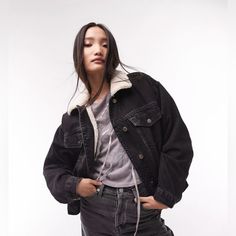 New With Tag Oversized Borg Denim Jacket Washed Black Color Length 23" Width 24.5" Sleeves 22" Topshop Jacket, Maternity Shirt Dress, Festival Jacket, Borg Jacket, Topshop Jeans, Winter Jeans, Oversized Denim Jacket, Denim Coat Jacket, Denim Jacket Women