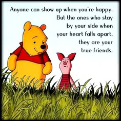 winnie the pooh and piglet sitting in tall grass with an inspirational quote on it