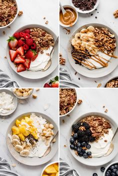 four pictures showing different stages of making a healthy granola bowl with yogurt, fruit and nuts