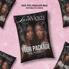 Enhance your wig business packaging with this **Wig Polymailers Bag Canva Template Perfect for custom lace front wig packaging, this premade design is easy to edit and ideal for creating stunning, professional-looking poly mailer bags. The bundle includes customizable options to match your brand's aesthetic, making it perfect for small businesses. Download instantly and elevate your product presentation with a sleek, professional touch! 💖 PLEASE NOTE ⬇ 🔹 NOTE: This is a digital product; no physical item will be delivered. 🔹 HOW TO ACCESS: Please use a browser instead of the app. Go to Your Account > Purchases > Download. 💖WHAT WILL YOU GET? ✅ Polymailer Bag (Front & Back Design) ✅ Size (10 x 13 in) 💖 WHAT YOU WILL RECEIVE? ✅ A PDF file that includes a link to design Files. 💖 WHAT CAN Wig Business Aesthetic, Hair Bundle Packaging Ideas, Wig Packaging Ideas, Poly Mailer Design, Hair Packaging Ideas, Wig Business Ideas, Wig Packaging, Custom Lace Front Wigs, Hair Packaging