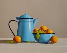 a painting of oranges and a teapot on a table with grapes in the bowl