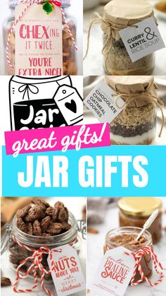 jars filled with different types of gifts and labeled in tags that read, great gifts jar gifts