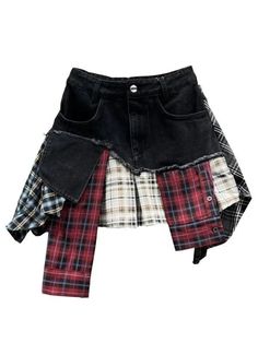 Streetwear Patchwork Plaid Denim Mini Skirt - SHExFAB Black Denim Punk Skirt, Black Punk Denim Skirt, Punk Black Denim Skirt, Denim Punk Style Mini Skirt, Patchwork Denim Mini Skirt For Summer, Summer Patchwork Denim Mini Skirt, Denim Punk Mini Skirt, Edgy Patchwork Cotton Bottoms, Trendy Patchwork Skirt