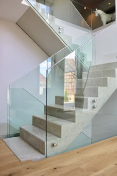 a staircase with glass railing and concrete steps