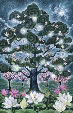 a painting of a tree surrounded by flowers