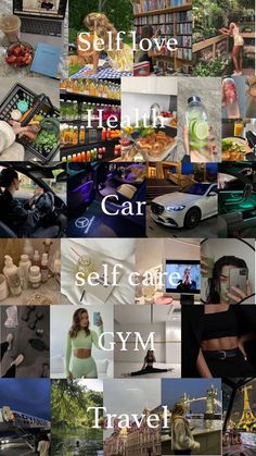 the collage shows many different pictures with words on them, including images of people and cars