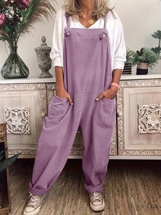 Lasaky - Adjustable Loose Suspender Pants with Solid Color, Casual Pocket Jumpsuit Tied with Belt Plus Size Overalls, Suspenders Casual, Knee Length Leggings, Plus Size Jumpers, Yoga Bottoms, Overalls Casual, Edgy Looks, Pocket Jumpsuit, Suspender Pants