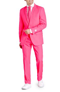 Beaming in a vibrant hue, this entrance-making tuxedo pairs with a coordinating tie to finish the standout look. Jacket has notched lapels; four-button cuffs; chest pocket; welt pockets; interior pockets; side vents Trousers have zip fly with button-tab closure; slant pockets; back pockets Jacket is lined Unhemmed 100% polyester Machine wash, line dry Imported Pink Suits For Men, Pink Tux, Pink Suit Men, Classic Slippers, Pink Power, Pink Suit, Pink Fits, Flip Flop Slippers, Pocket Jacket