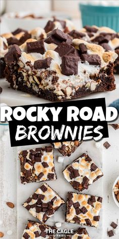 rocky road brownies with chocolate and marshmallows on top are shown in this collage