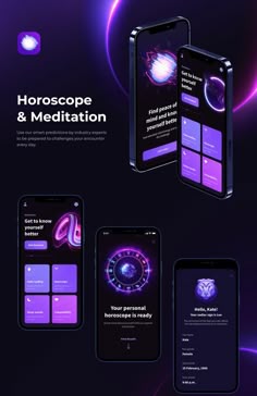 three smartphones with the text horoscope and meditation on them, in front of purple