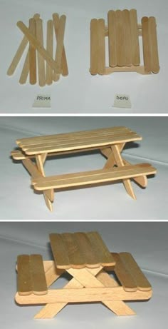 three different views of the same table and bench made out of plywood planks