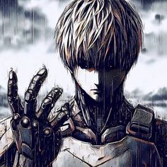 an anime character holding his hands up in the rain