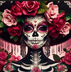 ai makeup and outfit mexico Mexico Skull Makeup, Mexican Catrina Makeup, Mexican Sugar Skull Makeup, Sugar Scull Costume, Pink Day Of The Dead Makeup, Skull Face Paint Women, Sugar Skull Makeup Pretty, Catrina Headpiece, Half Sugar Skull Makeup