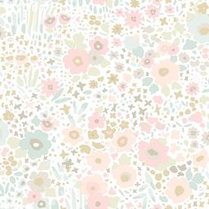 a white and pink flowered background with small stars on the bottom half of it