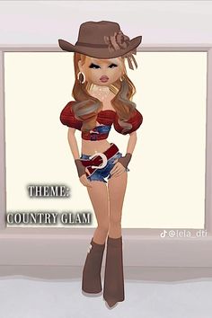 a digital painting of a woman wearing a cowboy hat and shorts with the words theme country glam on it