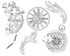 three different types of clocks on a white background, one with an arrow and the other with