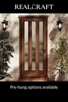 an image of a wooden door in front of a wall with potted plants on it