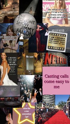 the red carpet at the oscars is shown in this collage with words on it