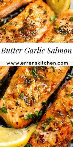 butter garlic salmon with lemon wedges and herbs