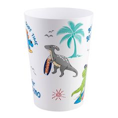 a paper cup with dinosaurs and palm trees on it