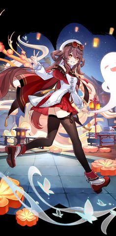 an anime character is running through the air with her hair blowing in the wind while wearing a red and white outfit