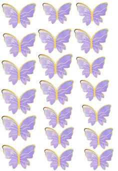 purple and gold butterflies are arranged on a white background