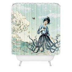 a shower curtain with an octopus on it's side and a girl in the background