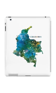 a watercolor map of colombia in blue and green with the word colombia on it