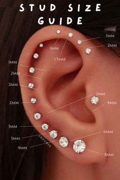 a woman's ear with the words stud size guide in front of her ears