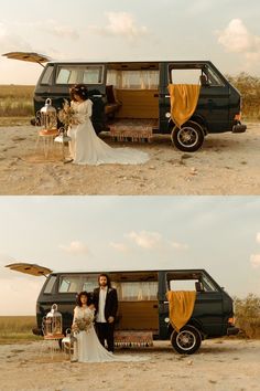 a couple standing in front of a van with an open door and yellow drapes