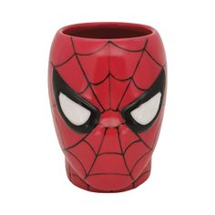 a close up of a spider - man face mug on a white background with eyes