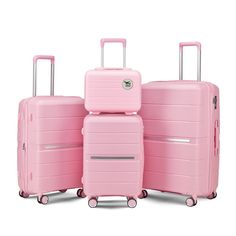 This set includes four pieces in convenient sizes: 14", 20", 24", and 28", catering to all your travel needs from short getaways to extended vacations. Crafted from premium polypropylene (PP) material, these suitcases are incredibly lightweight yet durable, ensuring they withstand the rigors of travel. Each piece features 360° spinner wheels, providing effortless maneuverability in any direction, making navigating crowded airports a breeze. The TSA-approved lock system adds an extra layer of sec Pink Luggage Sets, Pink Suitcase, Travel Luggage Set, Pink Luggage, Hard Shell Luggage, Lightweight Suitcase, Travel Essentials List, Suitcase Set, Carry On Suitcase