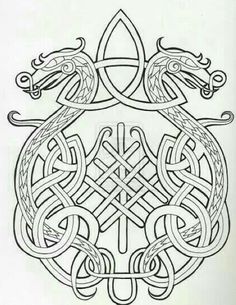 an intricate celtic design with two dragon heads on the center and one in the middle