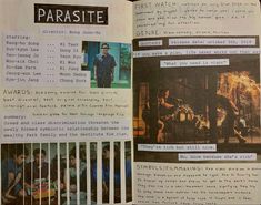 an open book with pictures of people and words on the pages that read parasite