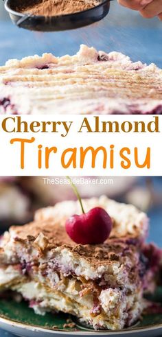 cherry almond trirami dessert is served on a plate