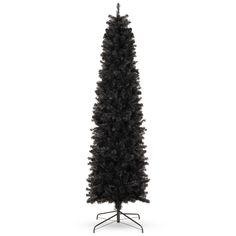 a black christmas tree on a stand with the top turned to look like it has been cut