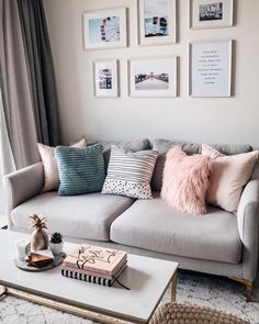 a living room filled with lots of furniture and pictures on the wall above it's coffee table