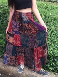 "Light and flowy, this Skirt is made from a patchwork of rayon cotton fabric with Elastic waist. Comes in Assorted Colors and Patterns, no two are the same, each skirt is as unique as the person wearing it. Size: One Size Fit Most 0-0-0--- -- Waist 23\" stretching to 40\" (with ELASTIC waist) Hip : FREE Material:. 100% Rayon  ** Because the fabric squares are chosen at random, the pattern position of each skirt is unique but equally beautiful. Please note that since our products is handmade, mea Hippie Skirt, Boho Patchwork, Boho Embroidery, Boho Mode, Hippie Skirts, Maxi Rok, Patchwork Skirt, Skirt Maxi