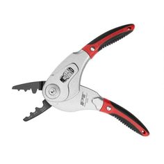 a pair of pliers with red handles on white background