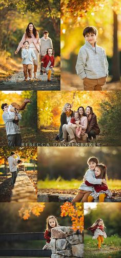 the family is posing for pictures in the fall leaves, and they are all holding each other