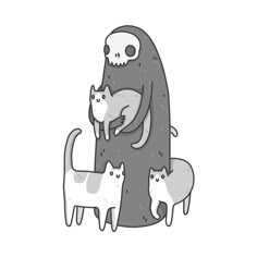 an illustration of a group of cats with a skeleton in the middle and one cat on its back