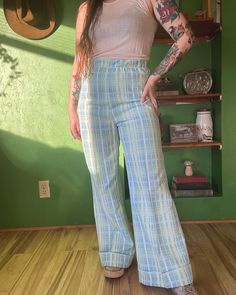 Vintage 70's bell bottoms. No brand or material tag. Care tag reminds me of Graff though. No flaws. Super high waisted.  . Measurements: Waist - 15"  Rise - 14" Hip - 20" Inseam - 27" 70s Bell Bottoms, Boho Whimsical, Womens Trousers, Whimsical Fashion, Care Tag, Christmas Wishlist, No Brand, Monster High, Bell Bottoms