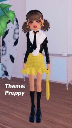 a girl in a yellow skirt and black jacket holding an umbrella with the words theme preppy on it