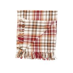 a brown and white plaid blanket with fringes