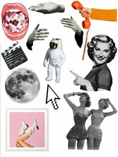 collage of photos with woman and man in space suit, moon, camera, telephone, hand