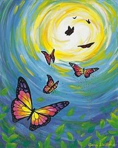 a painting of three butterflies flying in the sky