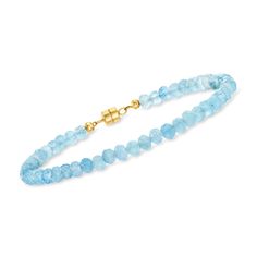 Ross-Simons - 25.00ct t. w. Aquamarine Bead Bracelet, 14kt Yellow Gold Magnetic Clasp. 8". Colorful and highly versatile, this bracelet features 25.00 ct. t. w. aquamarine beads in a gorgeous baby-blue hue. Over 57 rondelle faceted beads create a stylish strand that will look fantastic year-round, but especially chic with a warmer-weather wardrobe. Finishes with a 14kt yellow gold magnetic clasp for easy on-and-off. Aquamarine bead bracelet. Aquamarine birthstones are the perfect gift for March Wardrobe Finishes, Aquamarine Bracelet Beads, Sapphire Eternity Band, Aquamarine Birthstone, Double Hoop Earrings, Aquamarine Bracelet, Aquamarine Beads, Sapphire Color, Gemstone Engagement