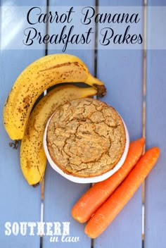 carrots and bananas are sitting next to a bowl of food on a blue table